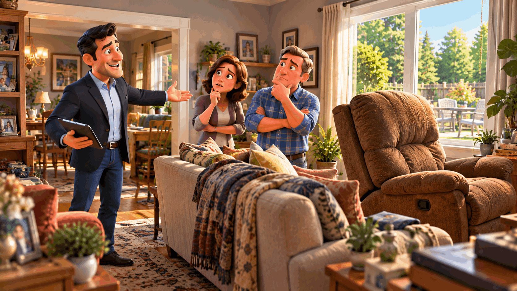REALTOR® Jason Kamal discusses home staging with sellers in a cluttered living room, highlighting furniture placement that blocks natural light and room flow.