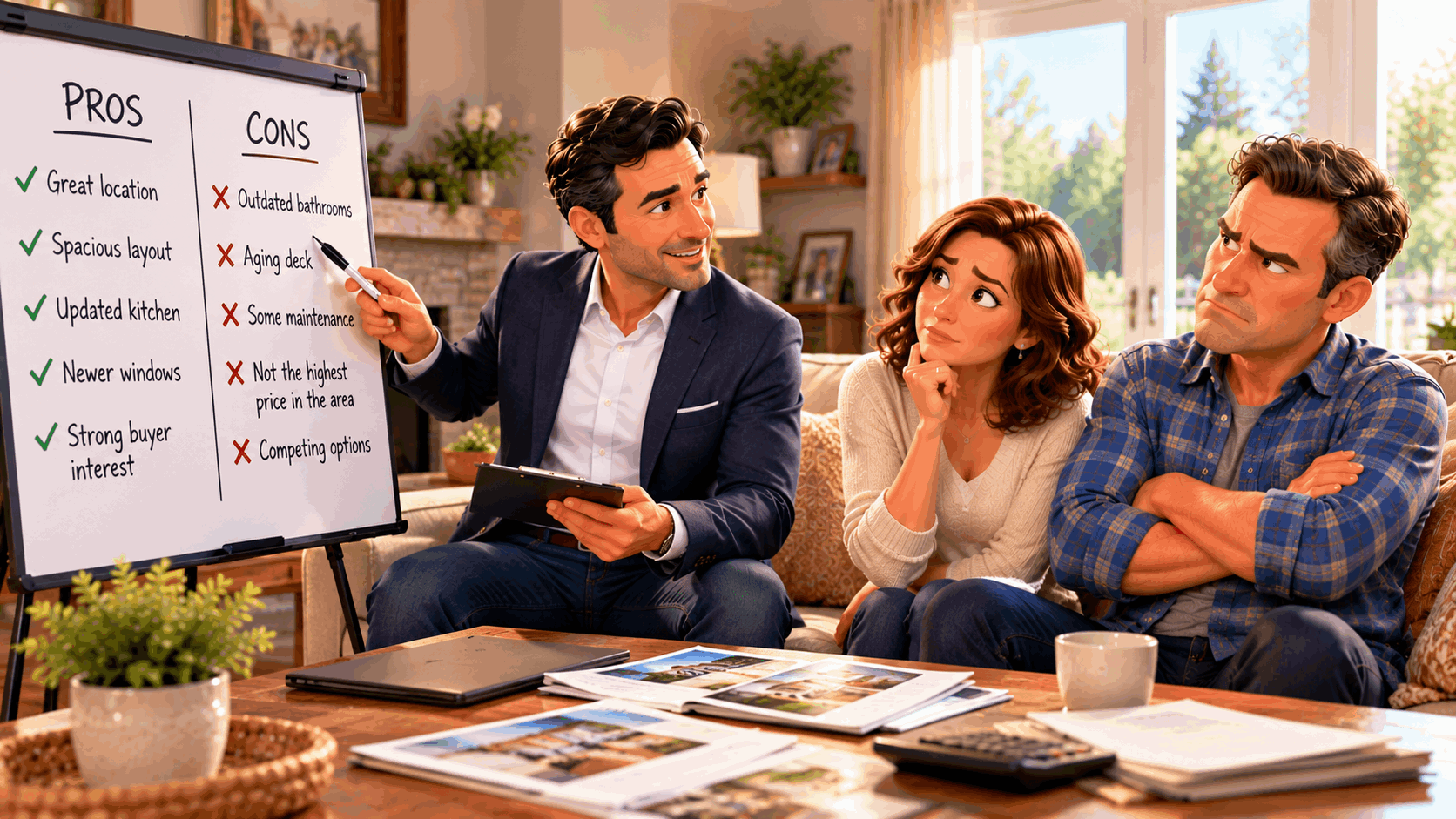 REALTOR® Jason Kamal reviews a home's strengths, weaknesses, and competing listings with sellers, while the husband remains skeptical and his wife listens thoughtfully.