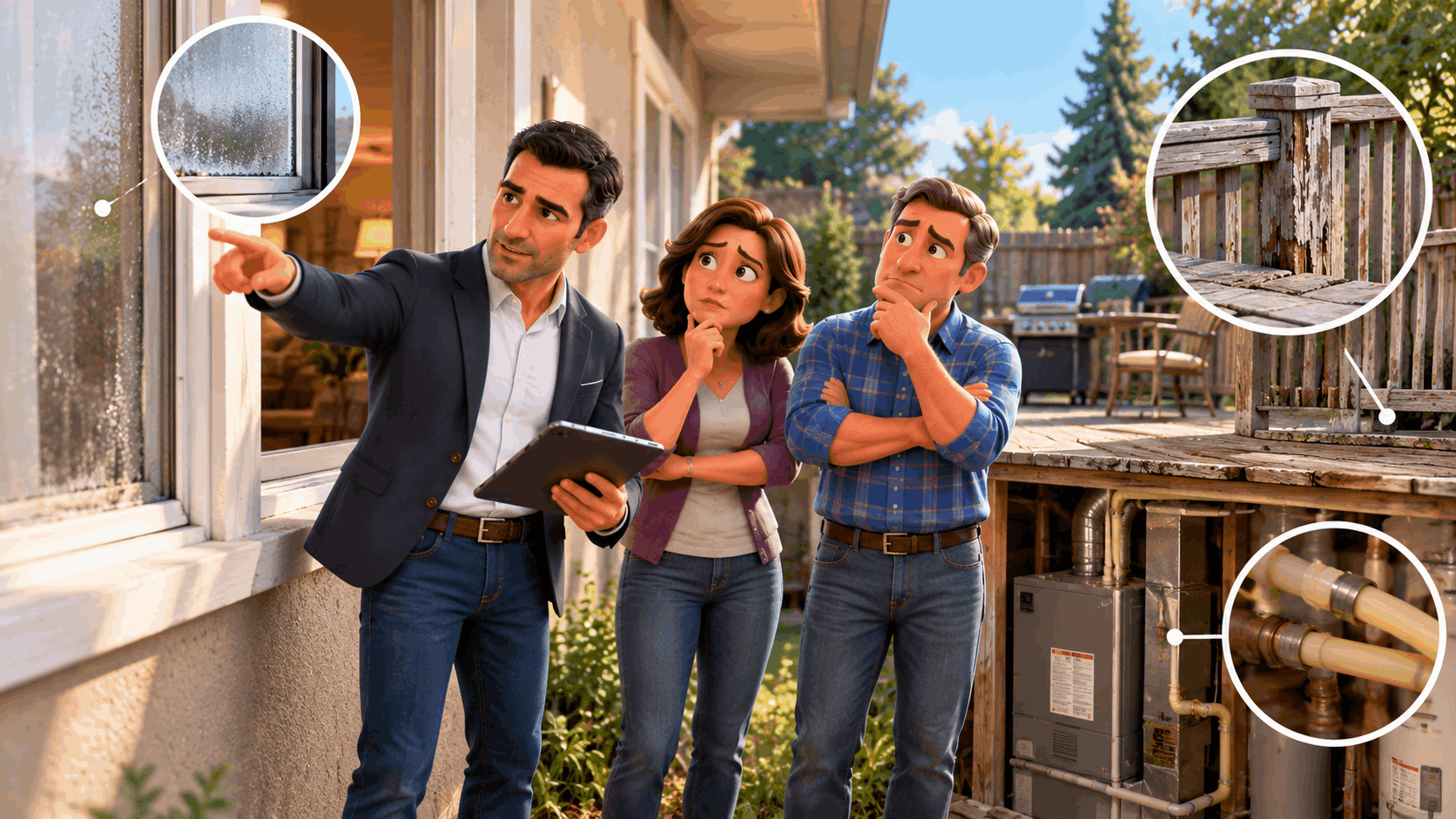REALTOR® Jason Kamal points out foggy window seals, deteriorating deck boards, and potential plumbing concerns while discussing property condition with homeowners before listing their house for sale.