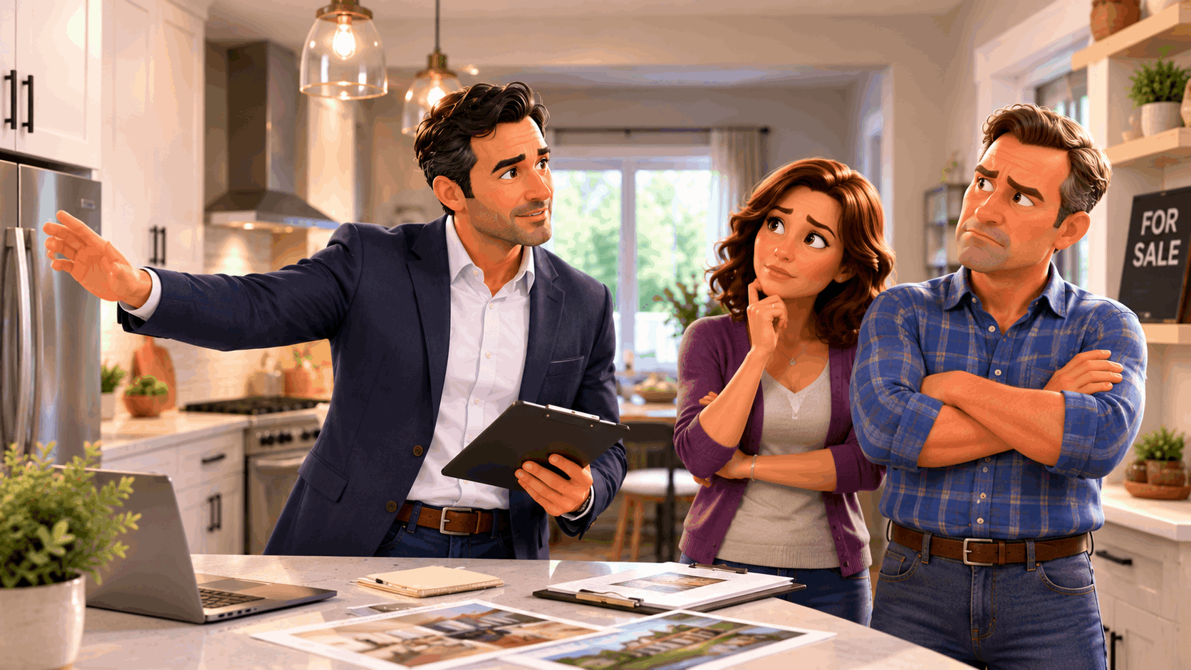 REALTOR® Jason Kamal explains home buyer preferences to sellers in their kitchen, while the husband stands defensively with crossed arms and his wife listens thoughtfully.