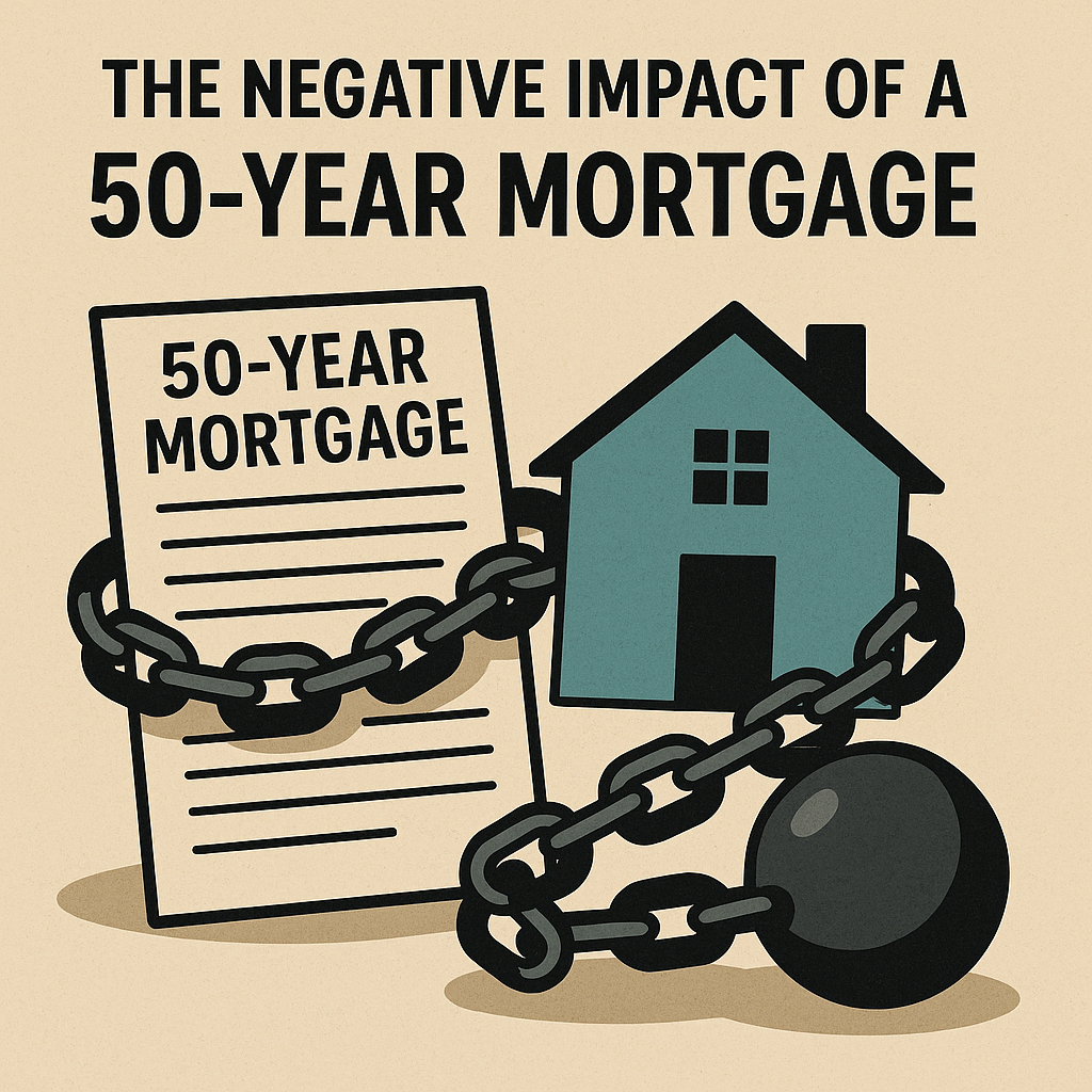Illustration of a house and a 50-year mortgage document chained to a heavy ball, symbolizing the long-term debt burden and financial impact of a 50-year mortgage