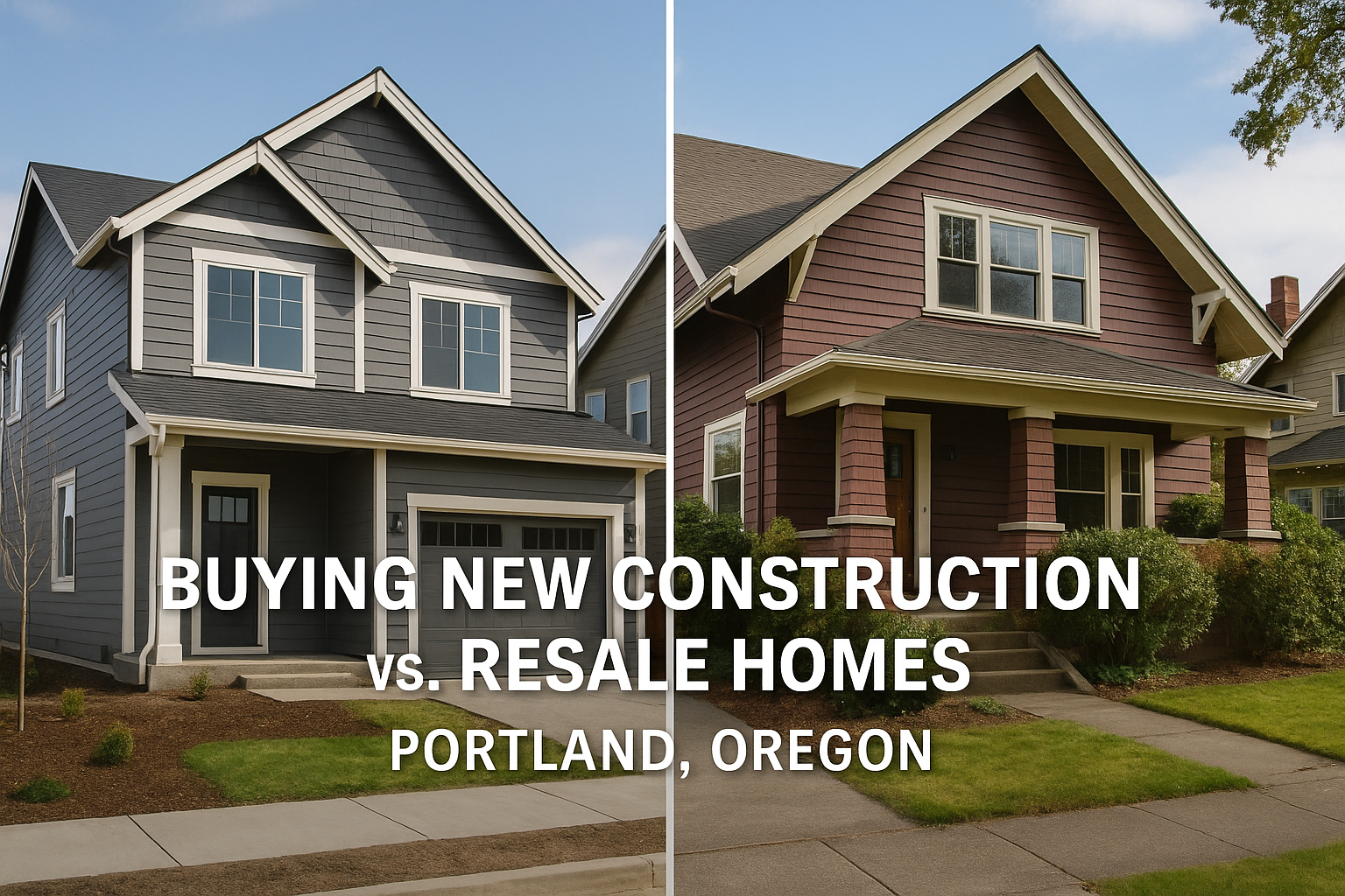 Side-by-side comparison featuring a new-construction home and an older resale home in Portland, Oregon. The new build has modern gray siding and clean architectural lines, while the resale home has character, mature landscaping, and a traditional craftsman appearance.