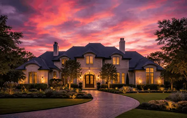 North Dallas home with light colored sandy brick and a dark grey roof. Intense cotton candy colored sunset displayed behind the home.