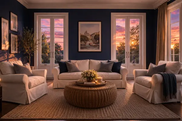 Luxury living room in North Dallas home. Featuring a long couch and two large chairs for conversations. Large windows for lots of natural lighting shown at sunset.