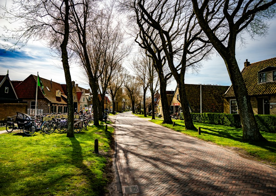 A quiet residential street with houses and green lawns