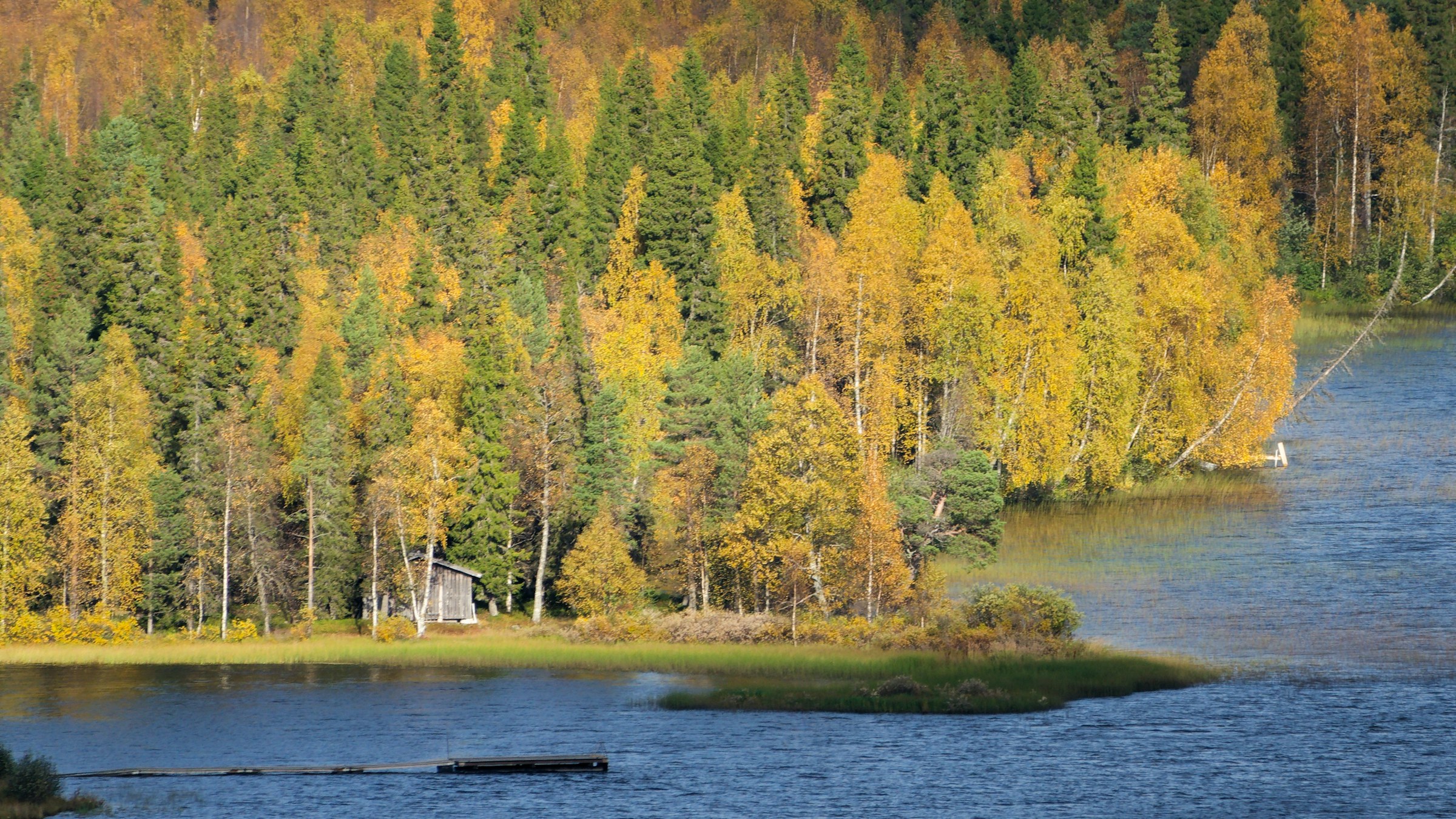 A small wooden cabin among autumn trees beside a calm lake