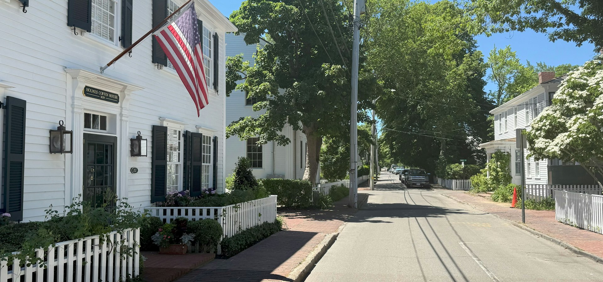 Tree-lined residential street with white clapboard houses and mature shade trees