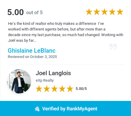 Five-star RankMyAgent review from client Ghislaine LeBlanc praising REALTOR® Joël Langlois for professionalism and guidance during the home purchase of 45 Vista Drive in Dieppe.