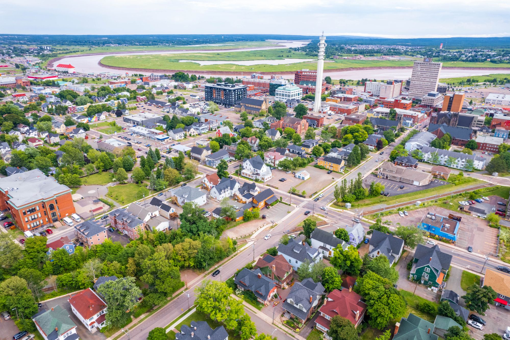Aerial view of downtown Moncton showing 134 Church Street neighbourhood, Petitcodiac River and city skyline in background