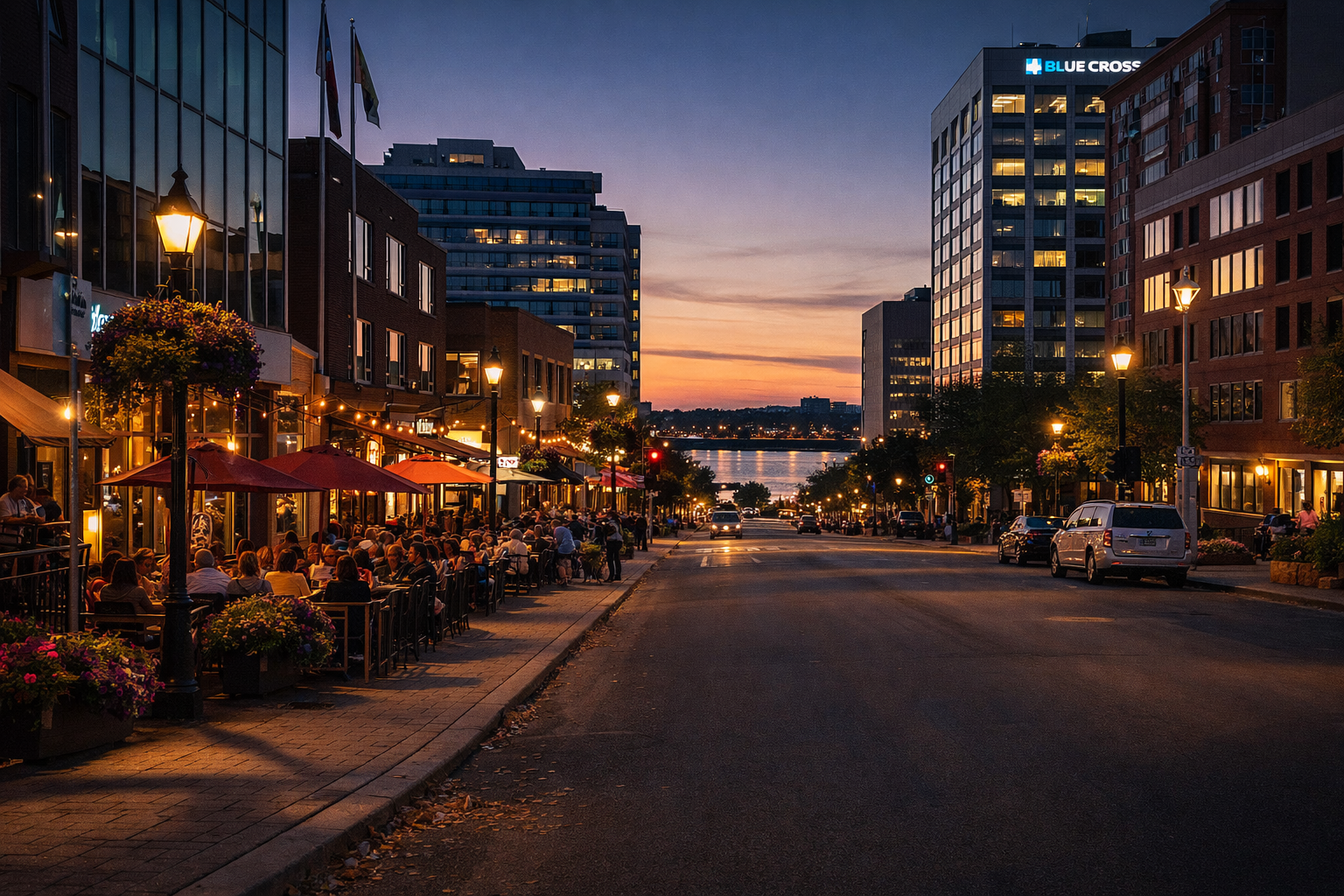 Downtown Moncton New Brunswick street at dusk with restaurant patios, city lights, mid-rise buildings and riverfront in the background