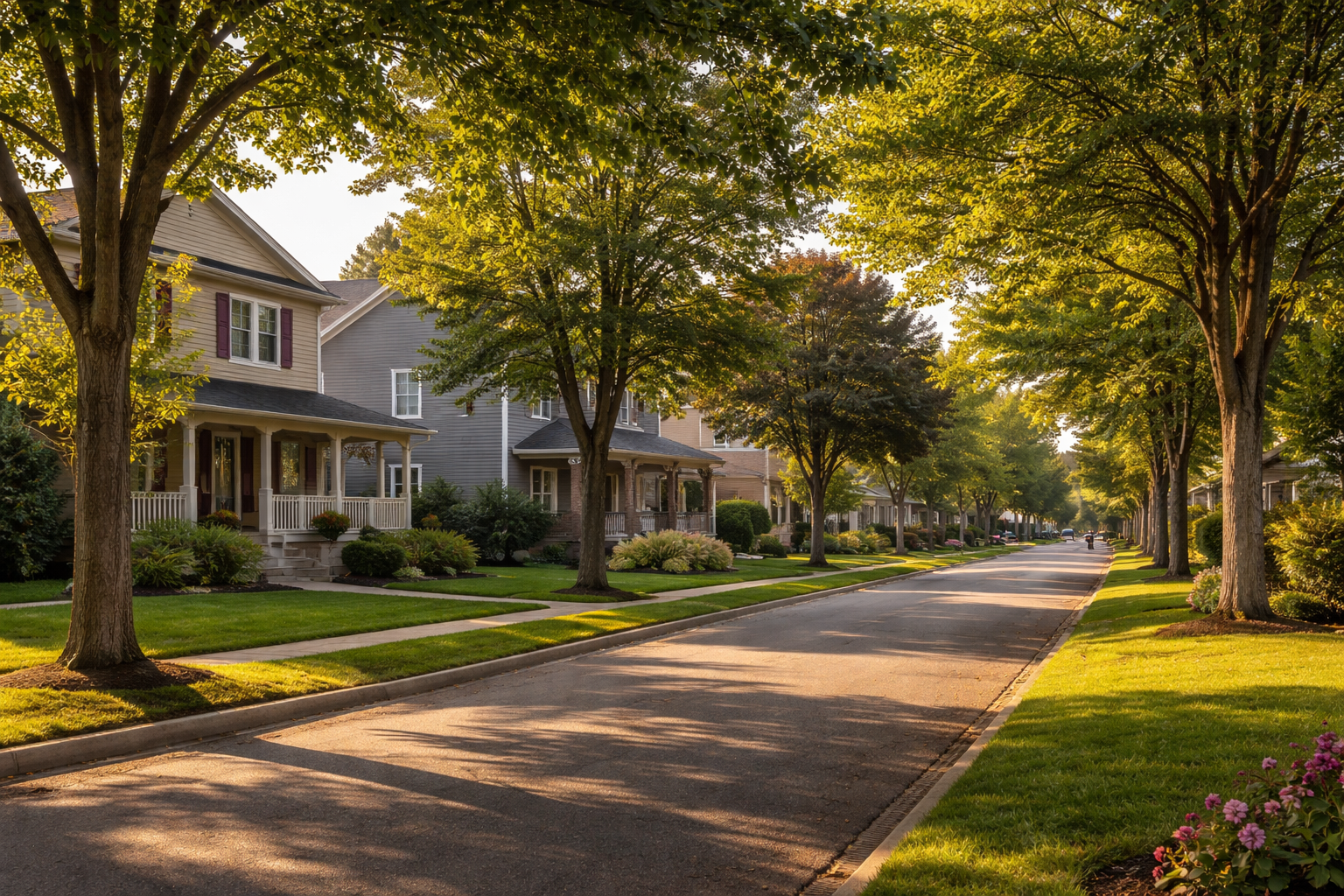 Tree-lined residential street in Riverview New Brunswick featuring two-storey homes in Mill Creek and Pine Glen neighbourhood during golden hour