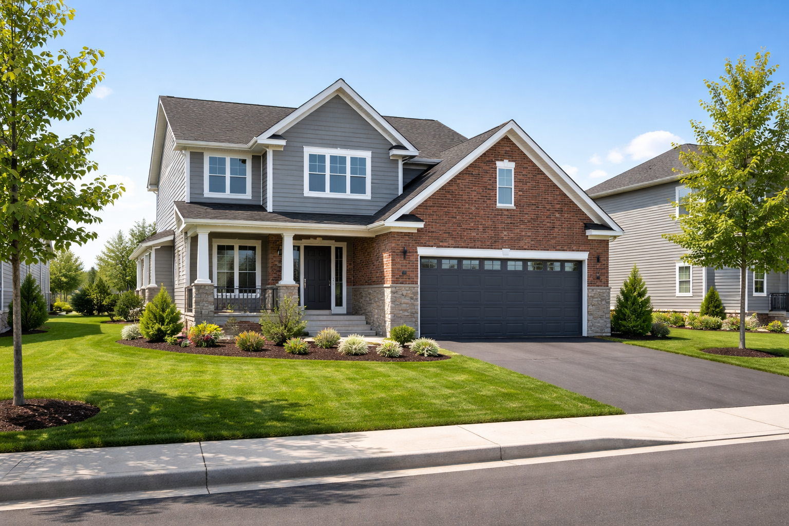 Modern single-family home in Fox Creek Dieppe New Brunswick with brick and vinyl siding, two-car garage and landscaped front yard on a quiet residential street