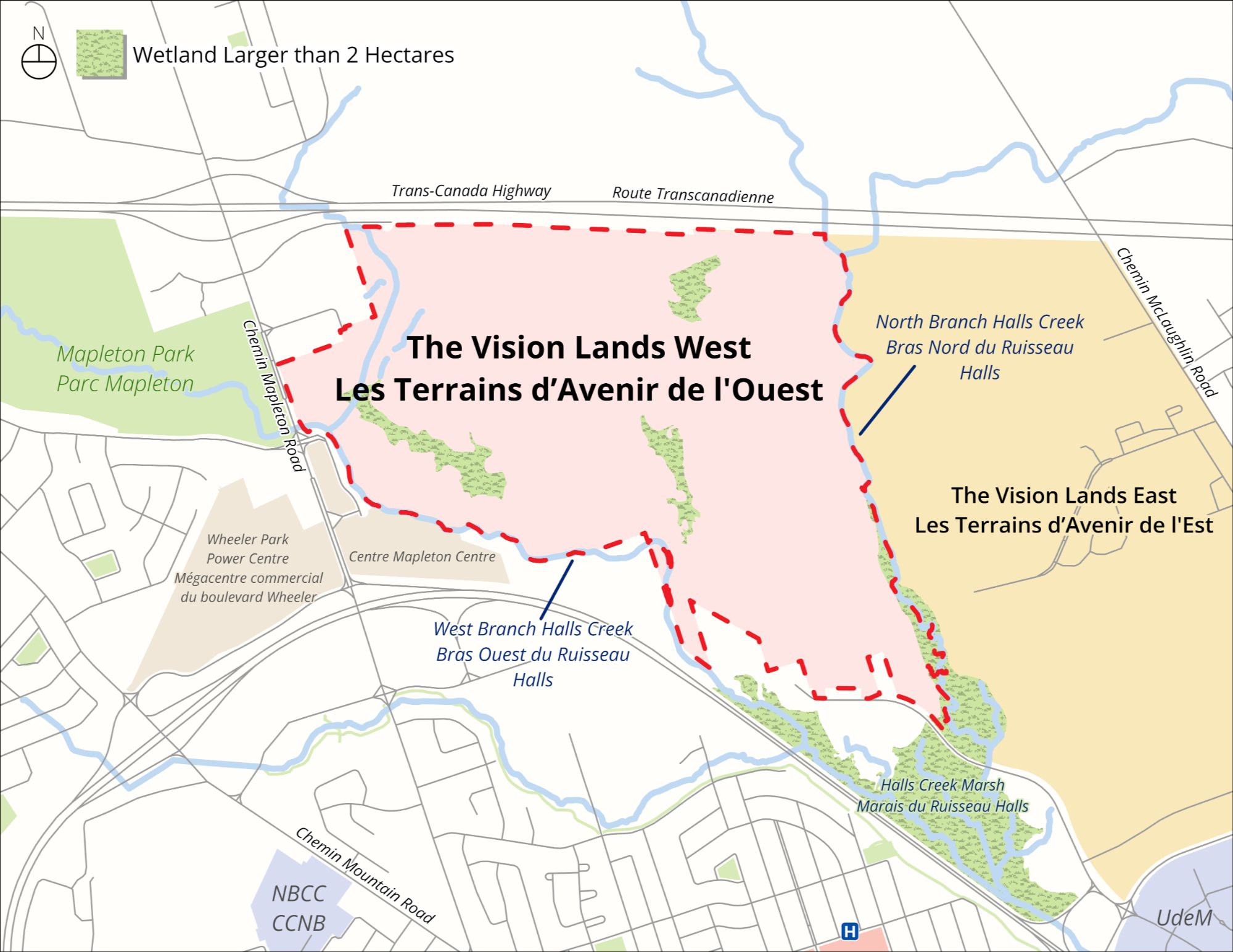 The total Vision Lands area spans 1400 acres between the Trans-Canada Highway and Wheeler Boulevard. The proposed master plan applies to the 527-acre Vision Lands West precinct. (City of Moncton / Fathom Studio )