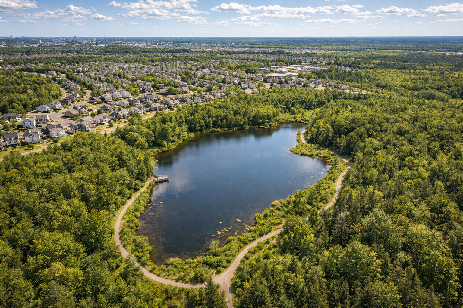 Aerial view of Mapleton Park in Moncton North with lake, walking trails and surrounding residential neighbourhood in summer