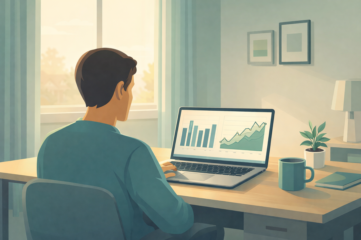 Illustrated person reviewing FHSA contribution and savings projections on a laptop, representing first-time home buyer financial planning in Canada.