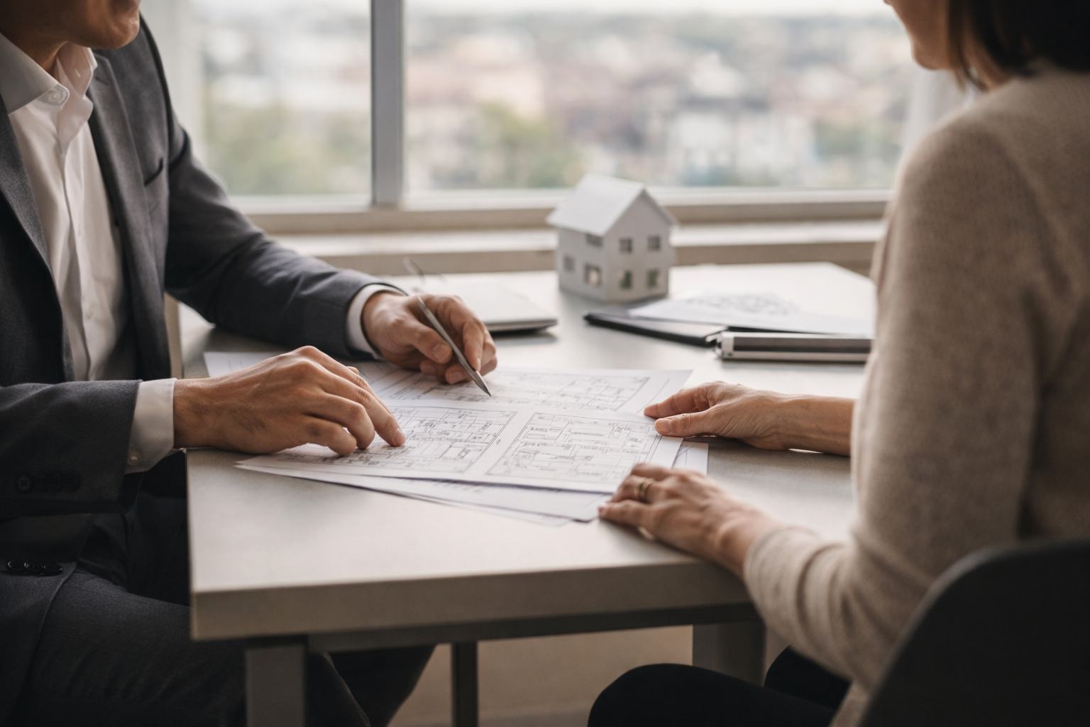 Real estate agent and client reviewing documents at a modern desk with Dieppe cityscape in background
