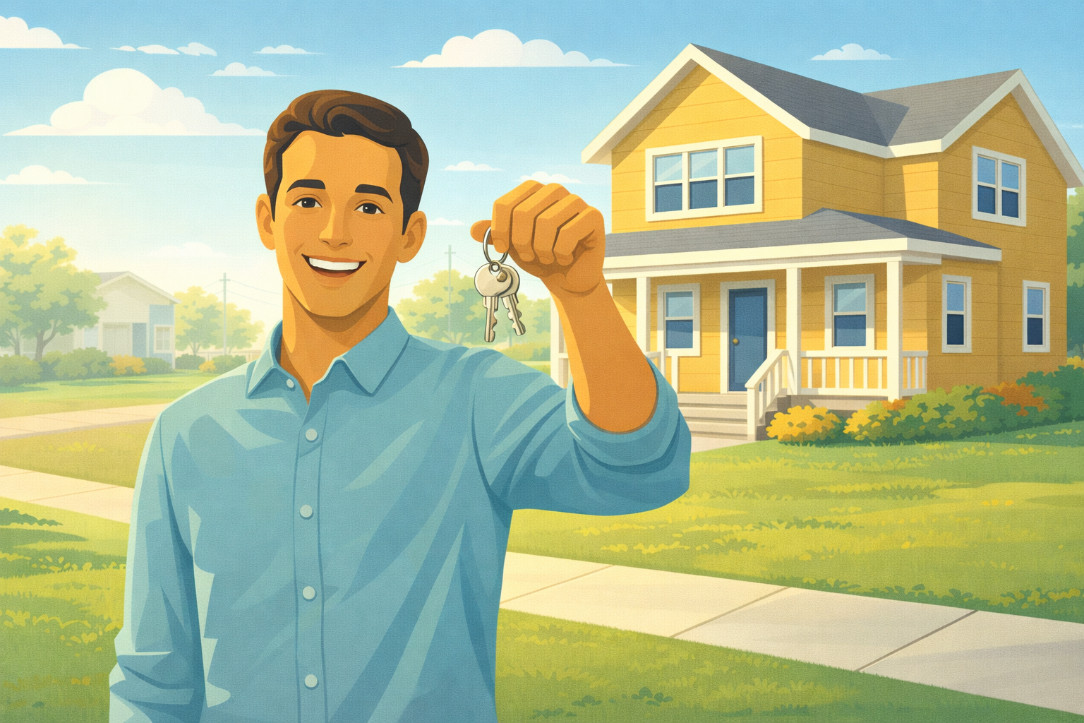 Illustrated first-time home buyer holding keys in front of their new home in Moncton, representing successful completion of the buying process.