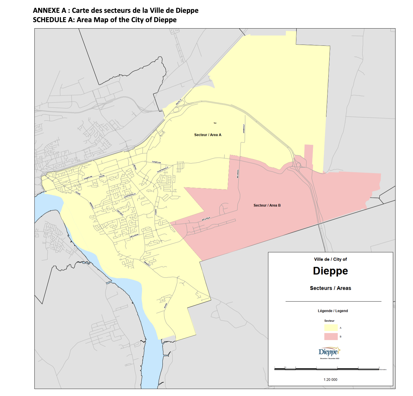 City of Dieppe official Schedule A area map from Bylaw Z-3 2026 showing subdivision zones Area A and Area B