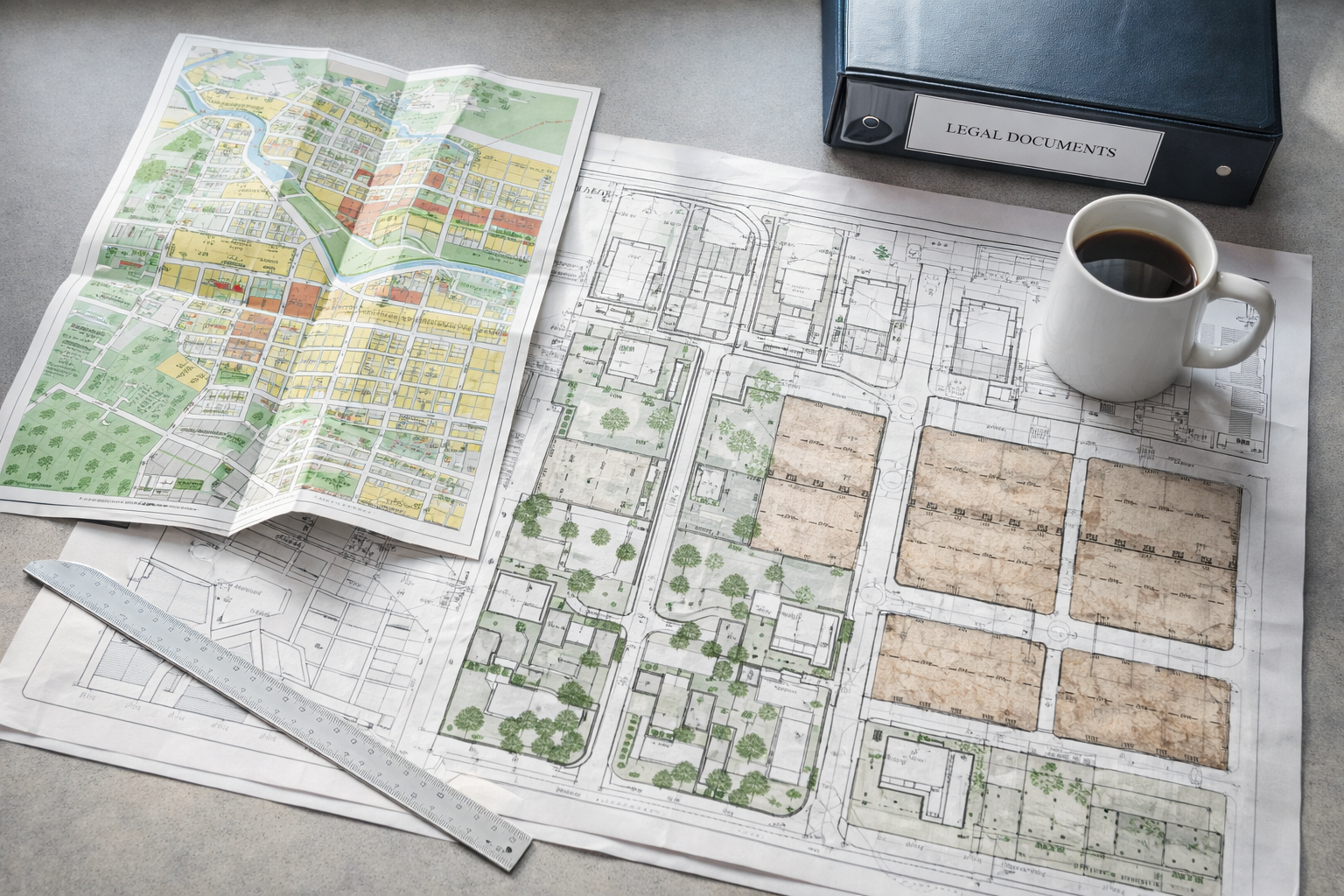 Municipal planning desk with zoning map and subdivision bylaw documents for Dieppe New Brunswick