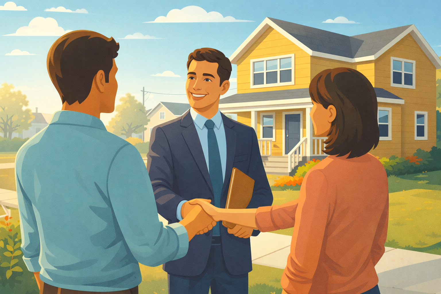 Illustrated couple meeting with a real estate agent in front of a home in New Brunswick, representing the home buying process.