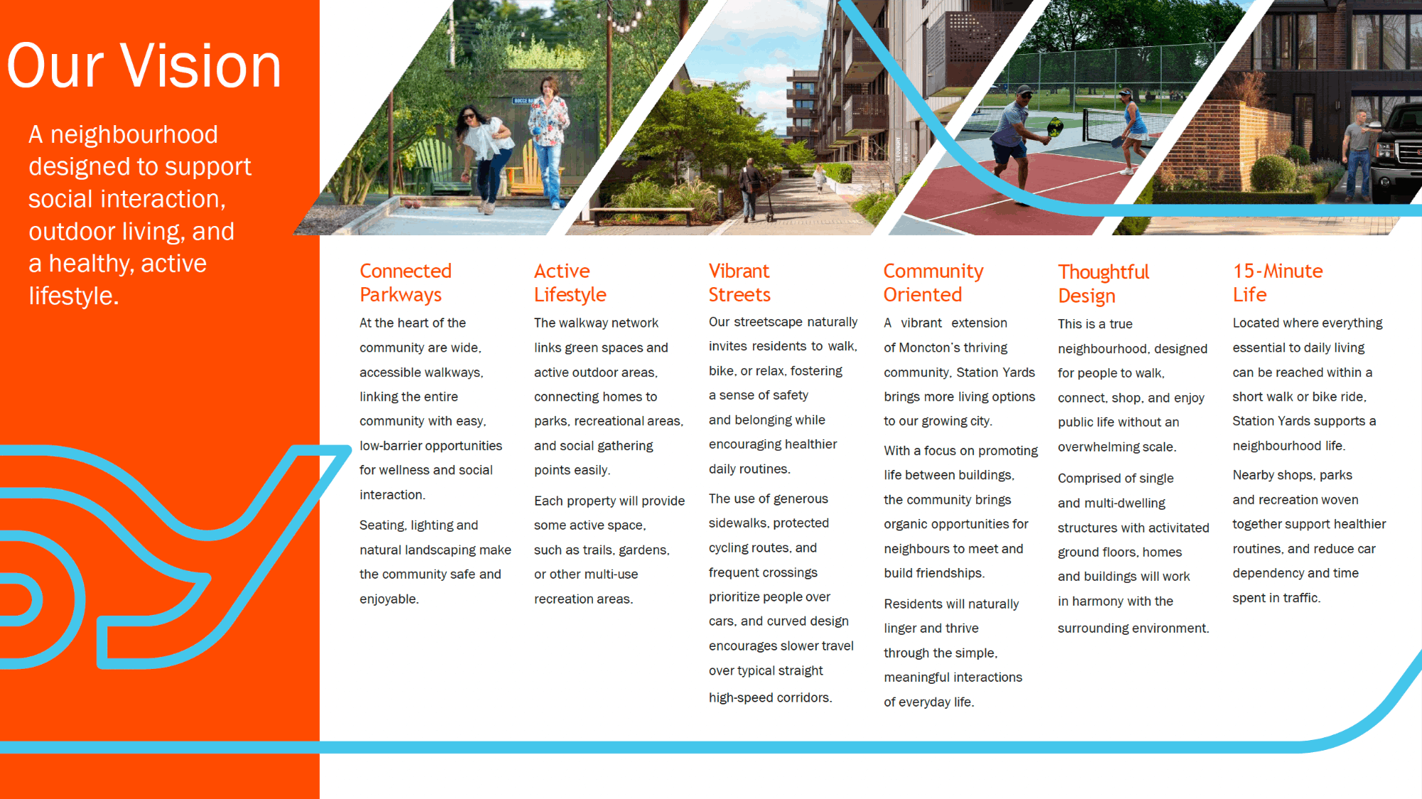 Walkable community design concept for Station Yards Moncton with parks and active lifestyle features