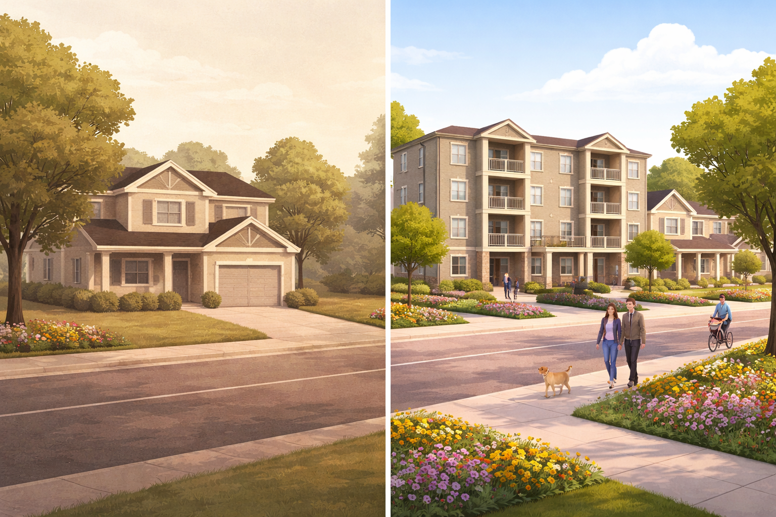 Illustration showing neighborhood evolution in Moncton from single-family homes to gentle density with four-unit buildings.