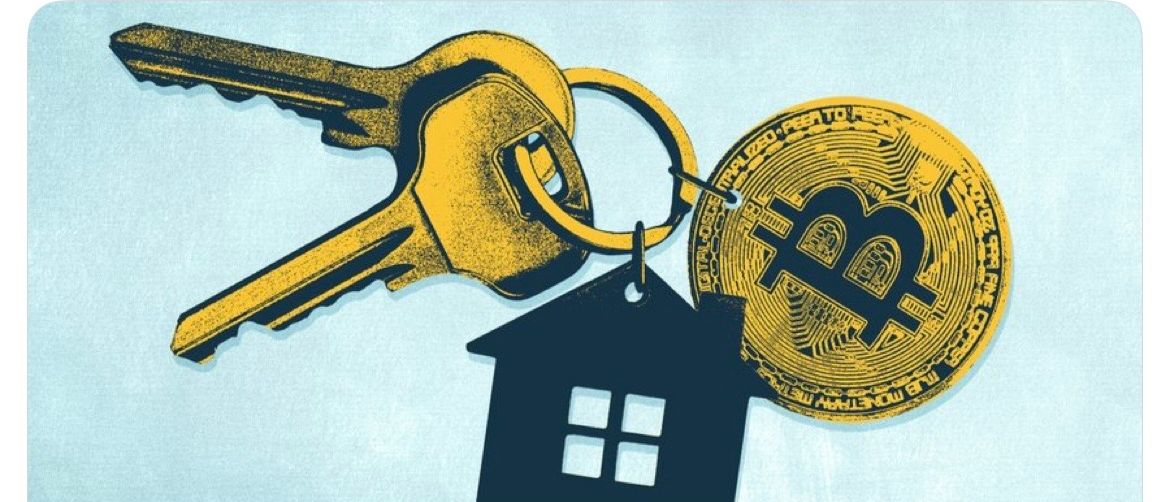 Illustration of house keys with a Bitcoin coin, representing cryptocurrency being used for a mortgage down payment.