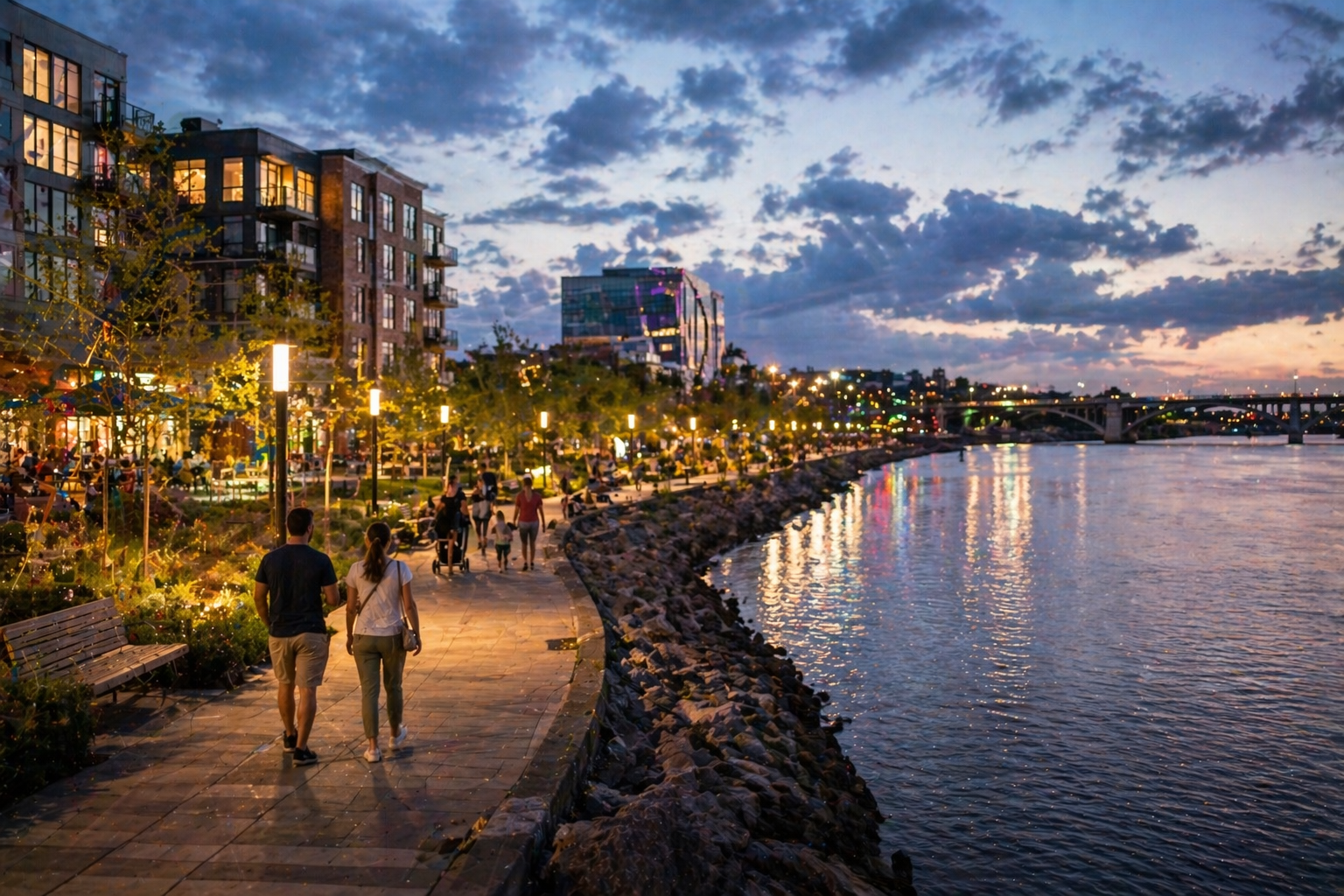 Vision rendering of Moncton riverfront promenade with mixed-use development and pedestrian pathway along the Petitcodiac River