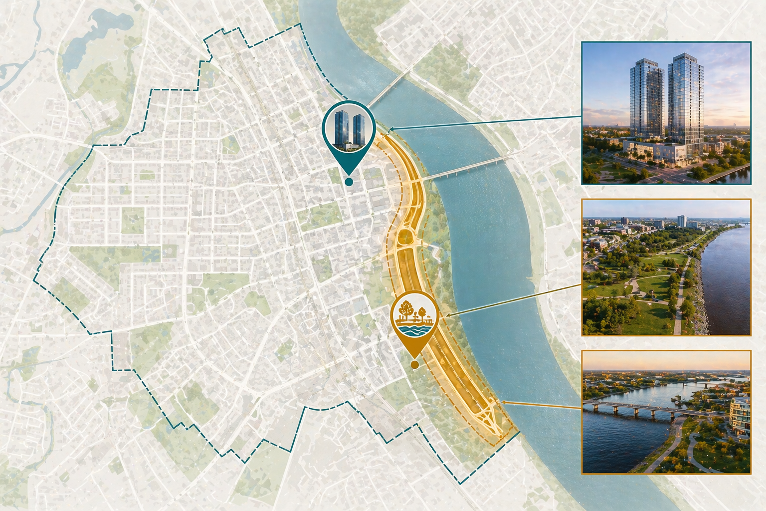 Map of downtown Moncton showing the Riverfront Master Plan corridor and Gateway Towers development location along the Petitcodiac River