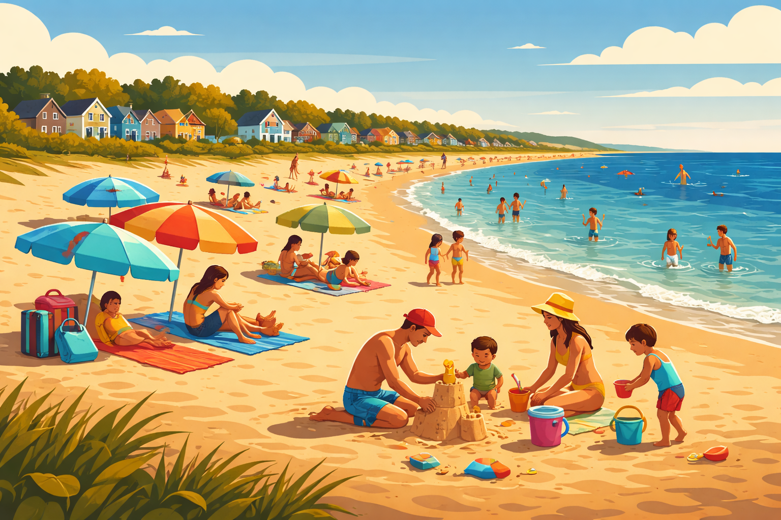Illustration of Parlee Beach Shediac with residential homes in background showing coastal living lifestyle in southeastern New Brunswick