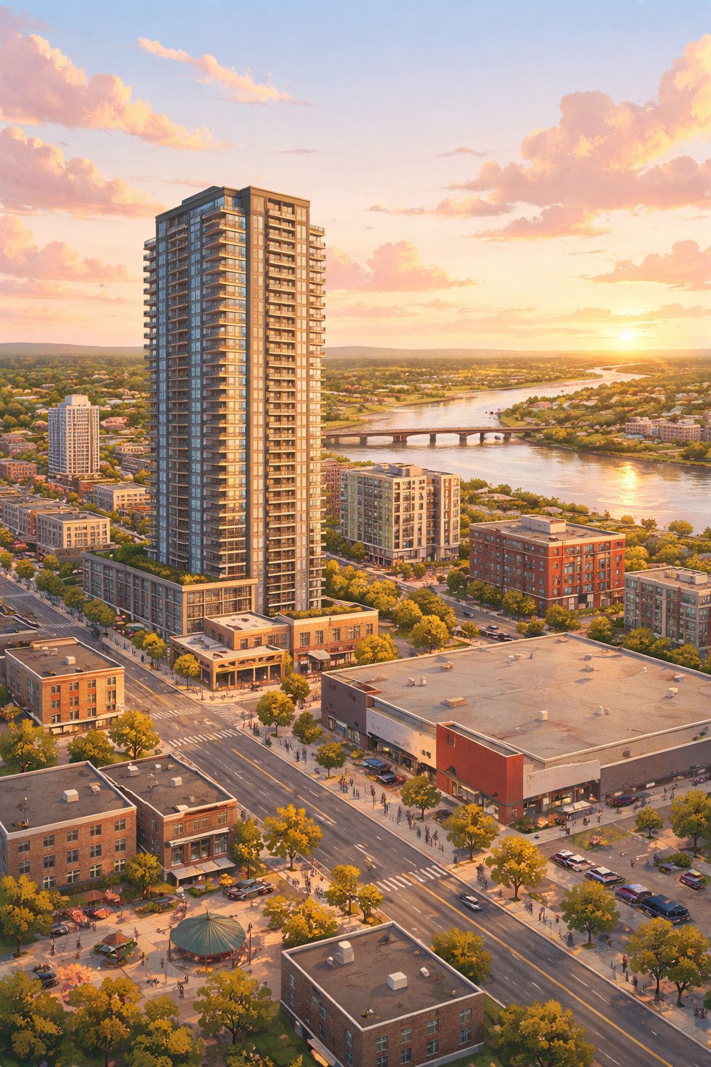 Illustration of downtown Moncton's evolving skyline with the new 30-storey Icon Developments highrise tower changing the city profile in 2026