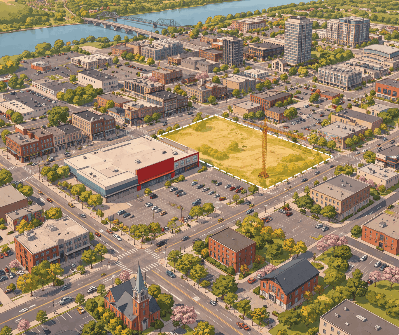 Aerial view of the Main Street and Harper Street site in downtown Moncton where the Icon Developments 30-floor highrise will be constructed