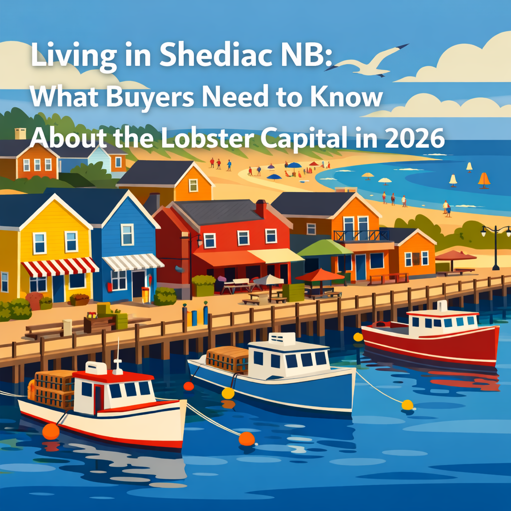 Illustration of Shediac New Brunswick waterfront showing coastal town character and Parlee Beach area for living in Shediac guide 2026
