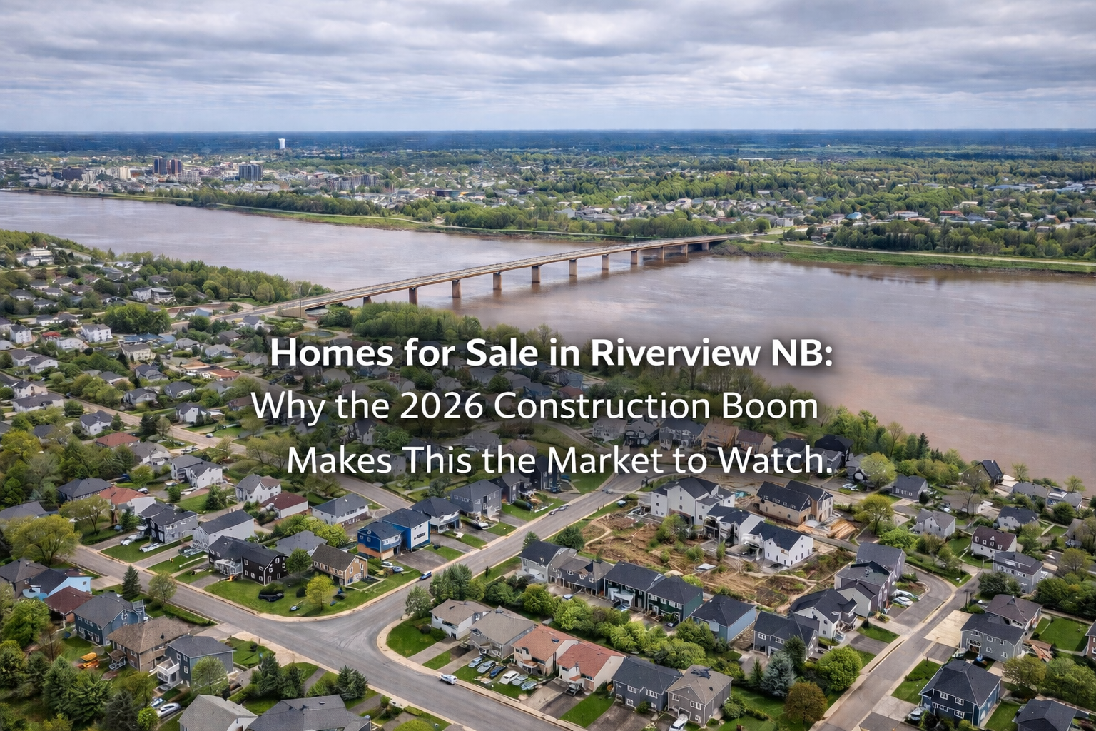 Aerial view of Riverview NB residential neighbourhoods along the Petitcodiac River in spring 2026