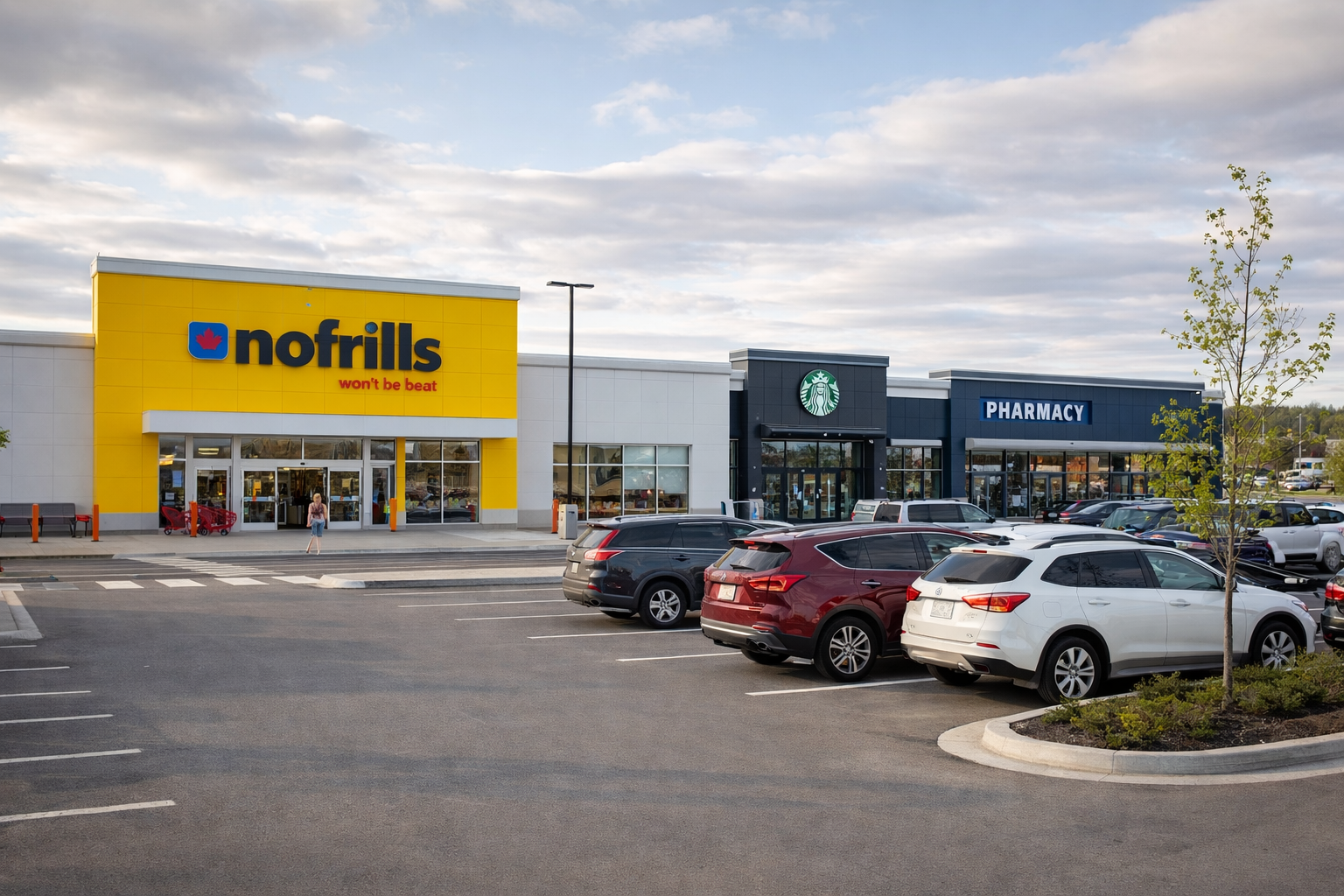 Street-level view of a modern grocery-anchored retail park similar to the planned Emmerson Park in Moncton NB