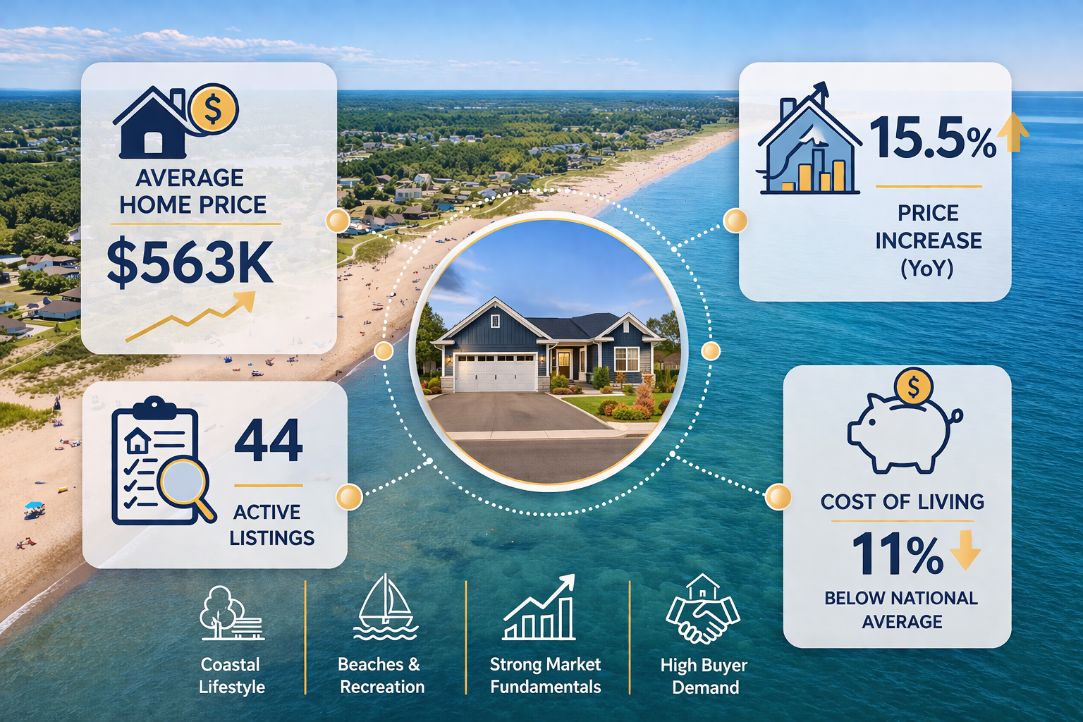 Infographic showing Shediac NB real estate market statistics for 2026 including average home price and year-over-year growth