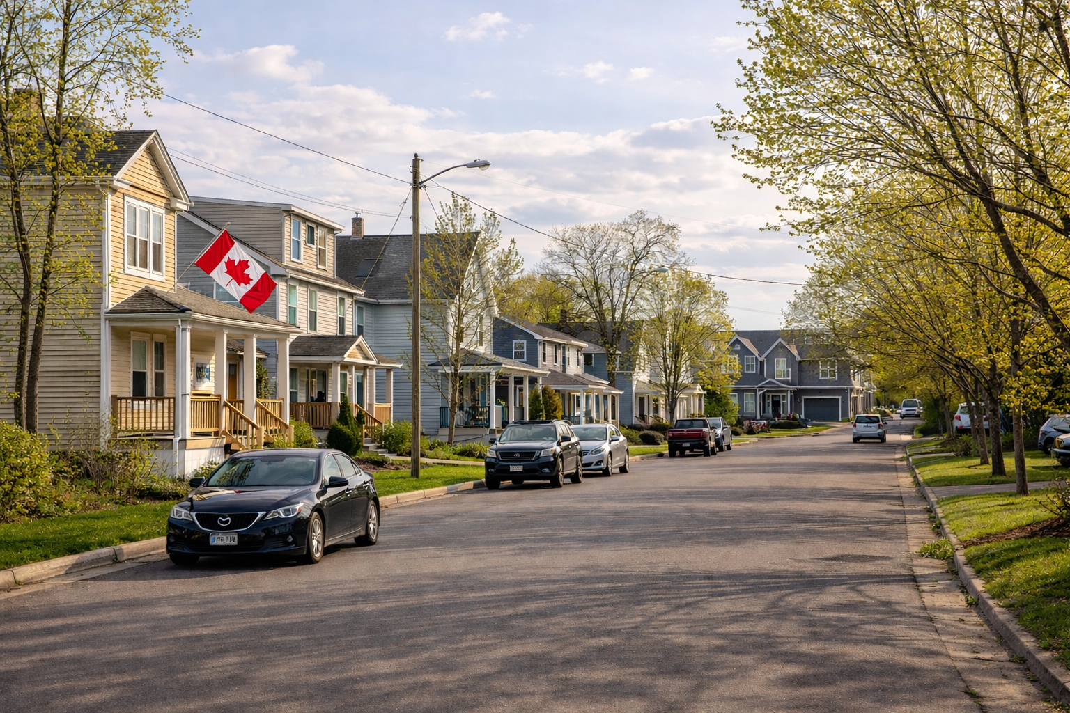 Residential street in Moncton NB north end neighbourhood with single-family homes suitable for first-time buyers