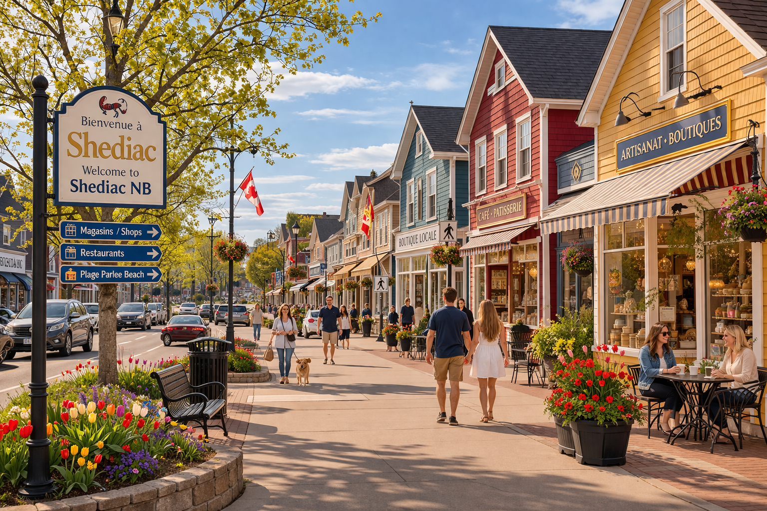 Downtown Shediac NB main street with local shops and bilingual signage in spring