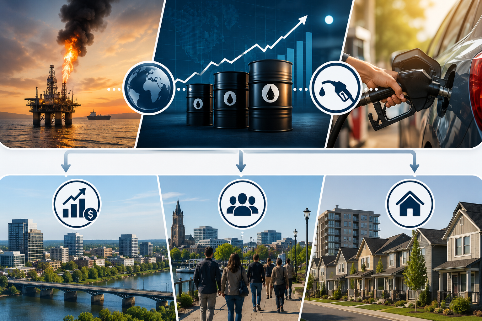 Infographic showing the connection between global fuel supply disruptions and Moncton real estate market impacts in 2026