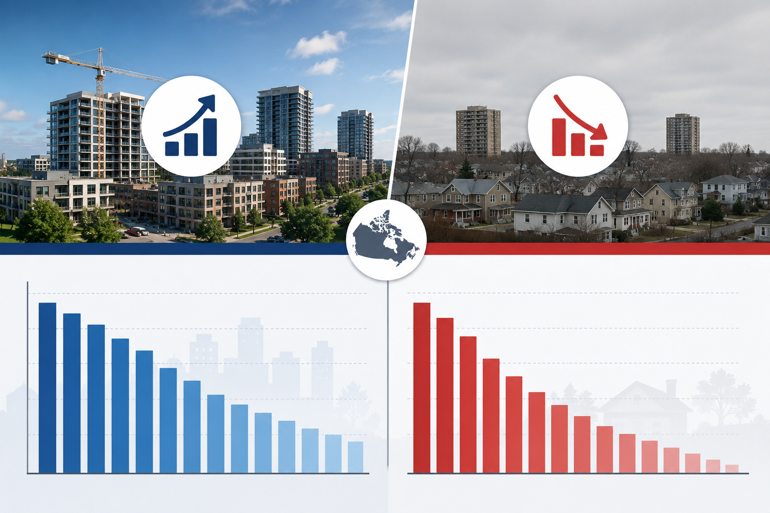 Infographic comparing New Brunswick municipalities that received bonus Housing Accelerator Fund money versus those that lost funding in 2026
