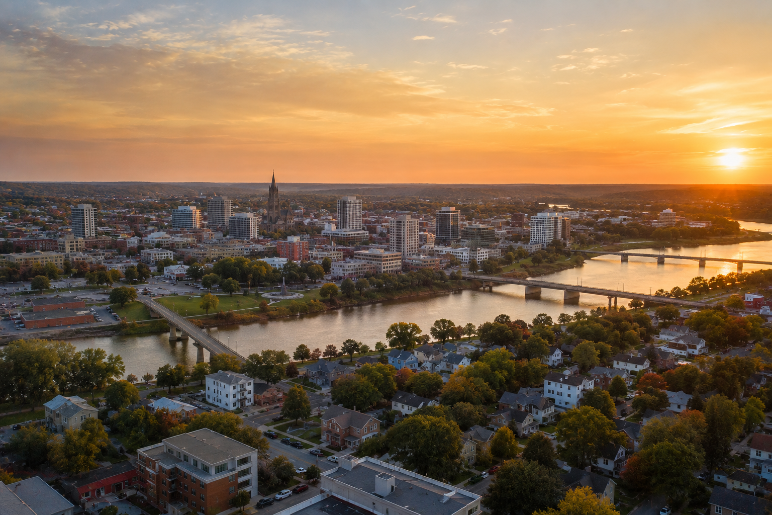 Aerial view of downtown Moncton and the Petitcodiac River showing residential neighbourhoods in 2026