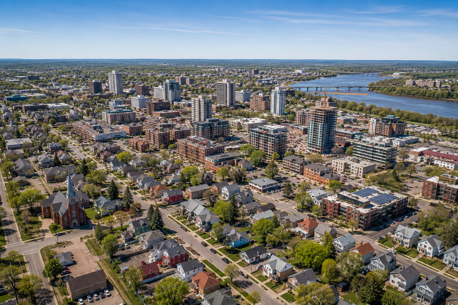 Aerial view of downtown Moncton showing residential neighbourhoods and active development zones affected by new council decisions in 2026