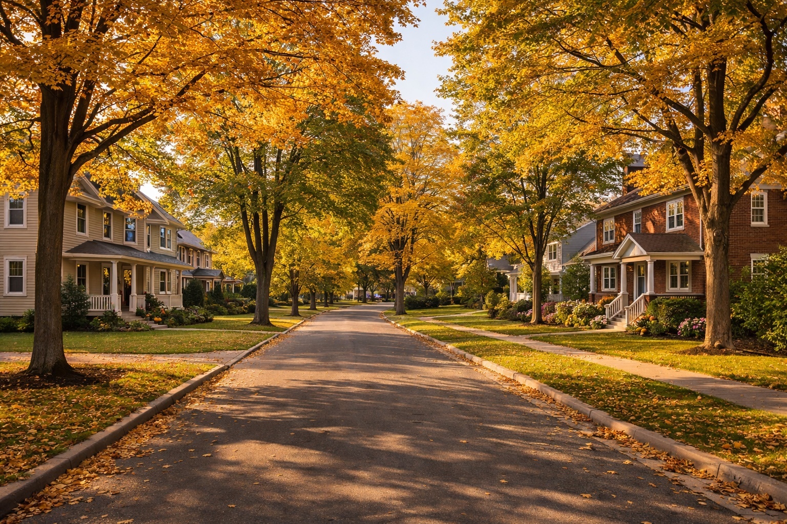 Tree-lined residential street in a Moncton NB neighbourhood with detached single-family homes in autumn