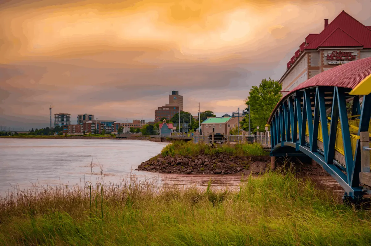 Gunningsville Bridge and Petitcodiac River at sunset Moncton New Brunswick