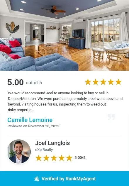 Bright living room interior with navy ceiling, hardwood floors, modern décor and large windows. Real estate review for Joel Langlois, Realtor in Moncton and Dieppe, rated five stars.