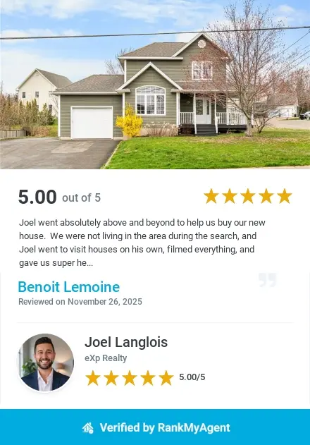 Detached two story home with attached garage, paved driveway and landscaped yard. Featured in a five star real estate review for Joel Langlois in Moncton and Dieppe.