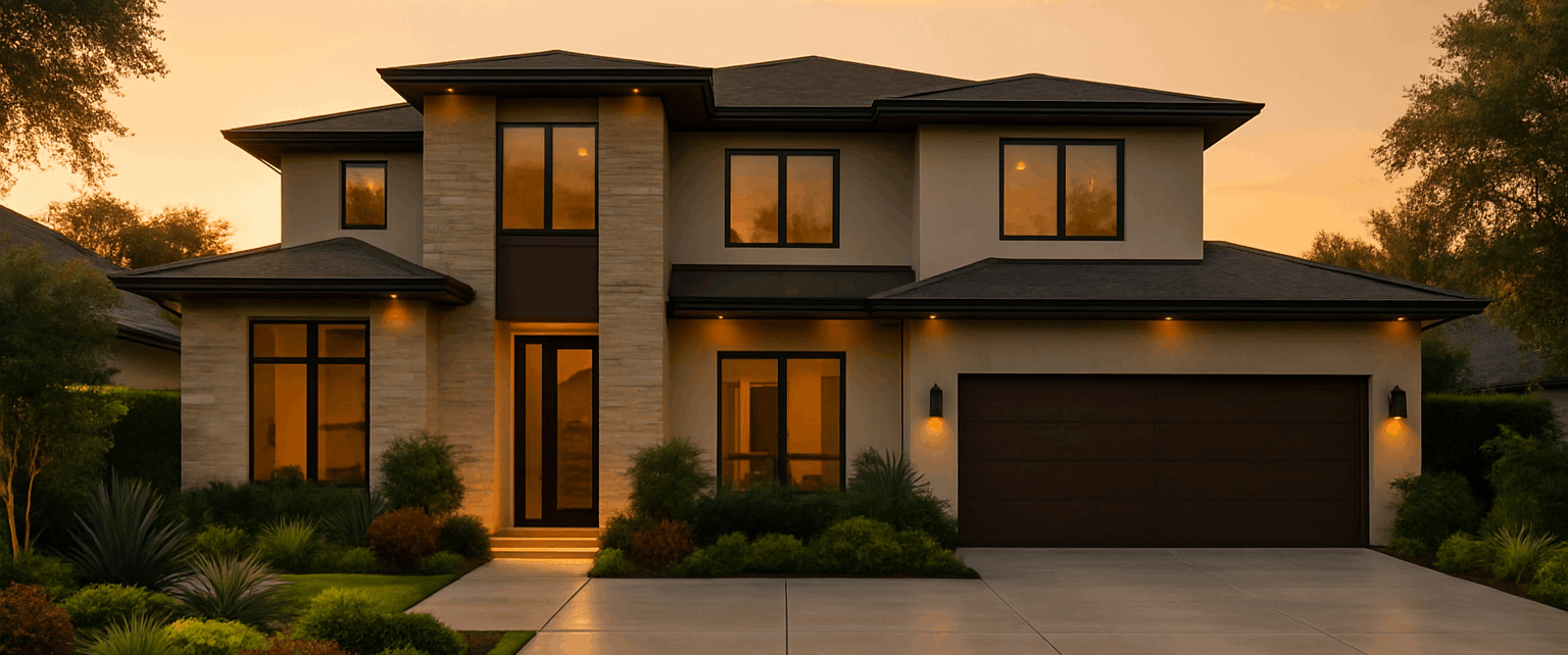 Golden-hour exterior of a luxury Houston home with modern architectural lines