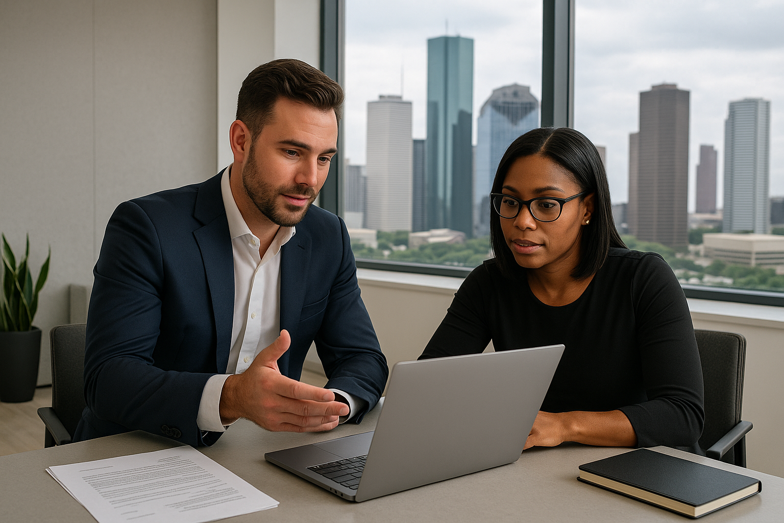 Confident Realtor and Transaction Manager collaborating in a sleek Houston office