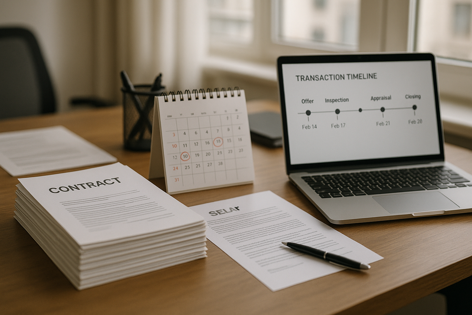Seller agent’s desk with organized contracts, checklists, and a laptop displaying a transaction timeline