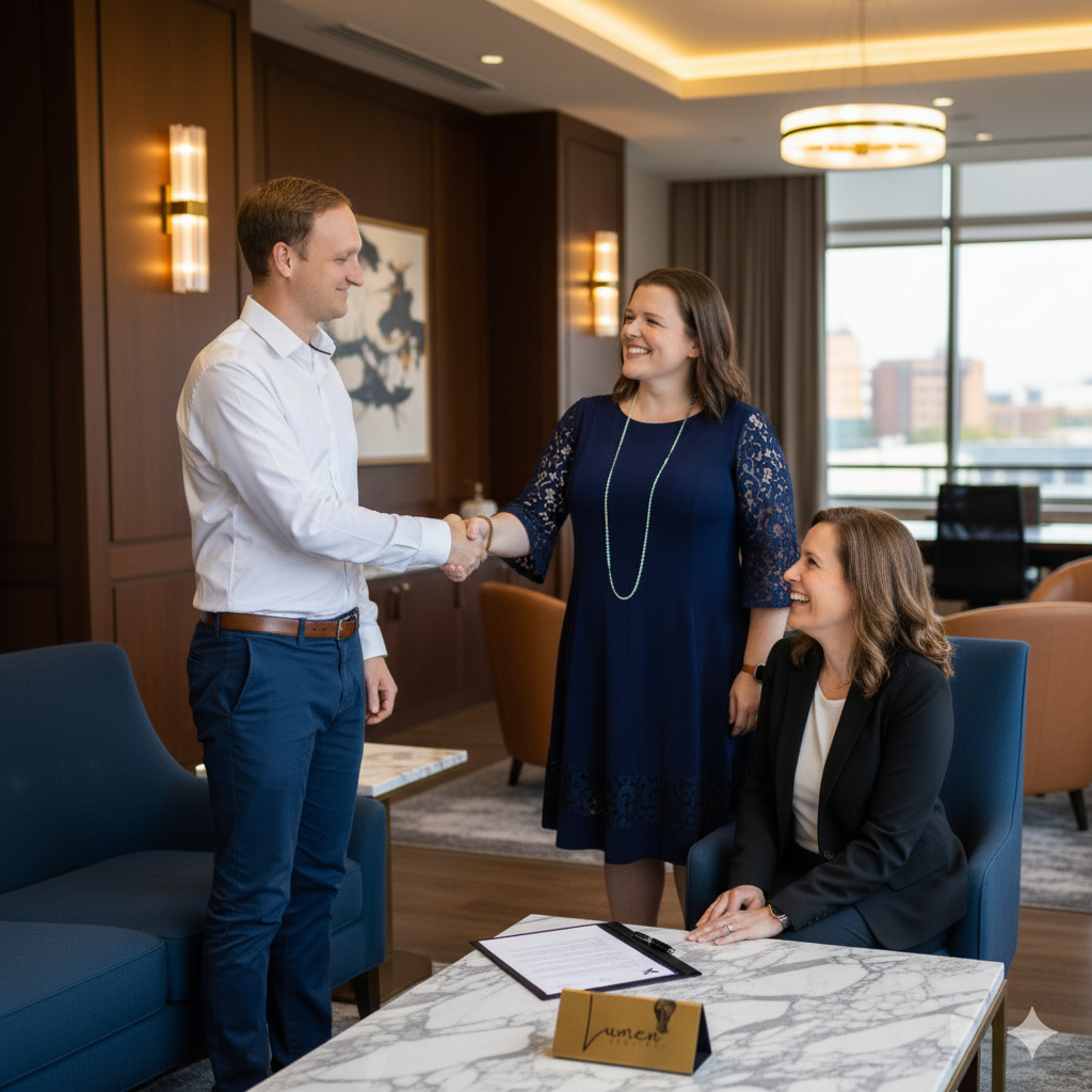 Realtor shaking hands with a Lumen Services partner in a sleek Houston office